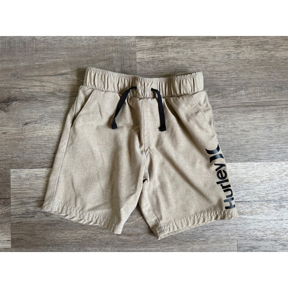 Hurley Boys Khaki Tan‎ Logo Elastic Waist Drawstring Casual Shorts Size 4